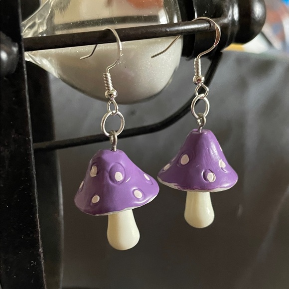 Hand Crafted Purple and White Ceramic Mushroom Earrings - Picture 5 of 5